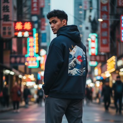 Fleece Hoodie Japan Wave Stylish Design